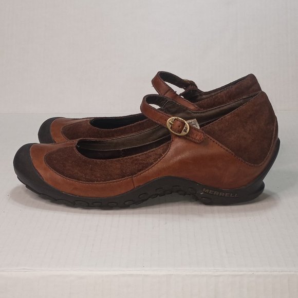 Merrell Plaza Saddle Mary Jane Brown Suede Shoes - Picture 1 of 6
